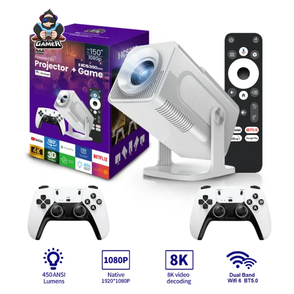 HCS350 Max Smart Gaming Projector FHD 4K Supported 450+ ANSI Brightness 2GB/16GB Memory Android 14/16 With 2x Wireless Controller 3D Home Theater.